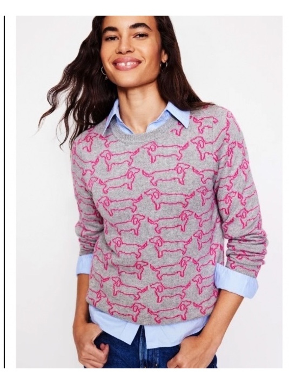Heather Dachshund Jacquard Wool Blend Jumper crew neck sweater gray pink L